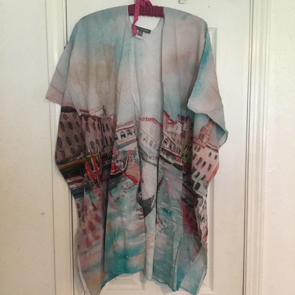 NWOT Kate & Mallory Watercolor Venetian Print Kimono Cover-Up - Teal